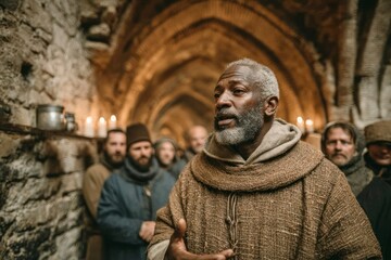 Naklejka premium A historical figure in medieval attire addressing a group in an ancient stone hall