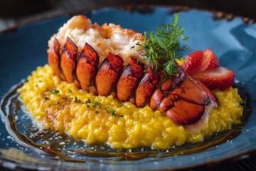 Exquisite lobster tail on saffron risotto, garnished with fresh strawberries and delicate herbs.