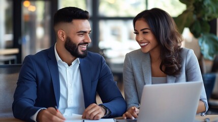 Business colleagues engage in a discussion over laptop