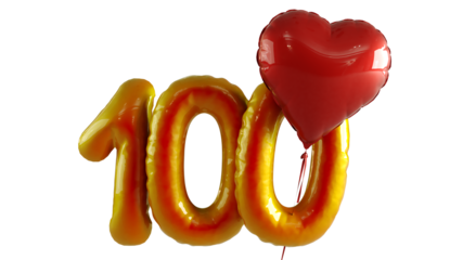Numbers one hundred Balloon with red heart Isolated on transparent background