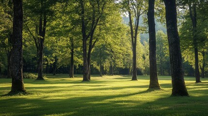 Naklejka premium Enchanting Sunlight Through Woodland Trees on Lush Green Grassy Meadow