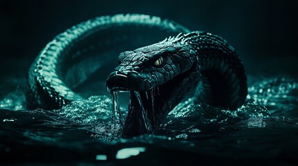 Dark mysterious giant snake in water scary predator reptile creature 3d art fear eyes head body tail