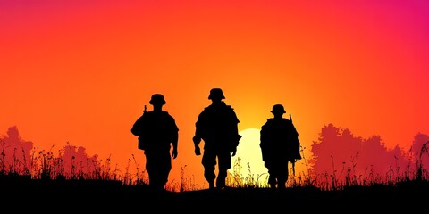 Naklejka premium soldiers at sunset - a squadron of military personnel walking outdoors to patrol the open landscape at dusk, 