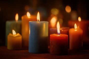 Several vibrant lit candles create a warm and inviting atmosphere with soft, gentle light.