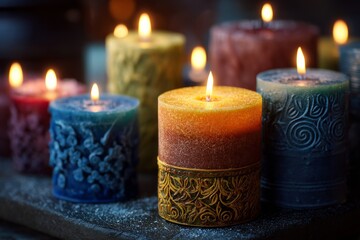 Beautifully lit colorful candles create a warm and inviting ambiance for any setting or event.