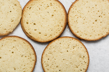 Overhead view of vanilla cake layers on a white countertop, top view of vanilla cake slices about to be assembled, process of making layered cake
