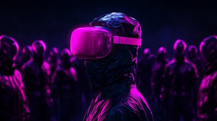 Person in protective gear using virtual reality headset futuristic neon pink crowd vr 3d mask suit