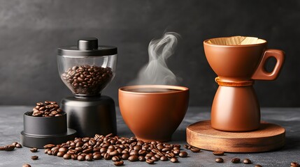 Steaming Coffee Cup with Grinder and Beans