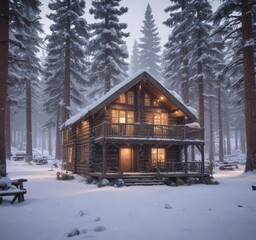 Snow-dusted pines frame cozy cabin, gentle snowfall , frozen, woodland