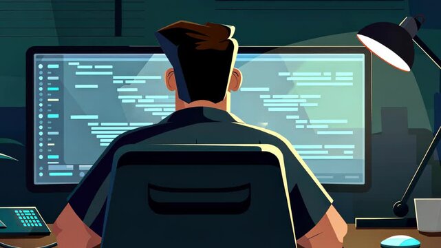 Code Maestro's Focus: An animated coder deeply engrossed in the digital domain, his gaze fixed upon a screen brimming with intricate code, illuminated by the focused glow of a desk lamp.