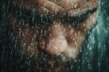 Close-up view of a man's face in a shower.