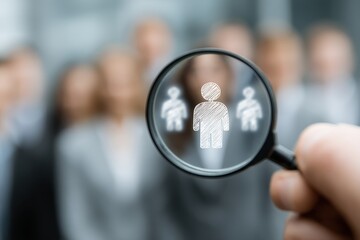 A magnifying glass focuses on a sketched figure, symbolizing the search for the ideal candidate among a blurred group of professionals.