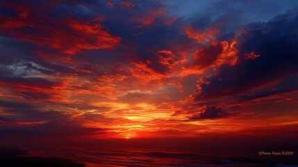 Vivid sunset sky over the ocean, dramatic cloudscape