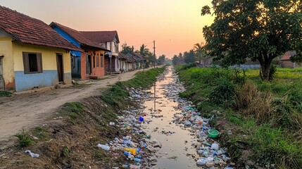 A serene sunset reveals a neglected street, showcasing pollution along the canal amidst modest homes.