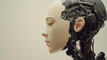 Stunning cyborg woman profile futuristic robotic head art 3d grey model wires beige black render