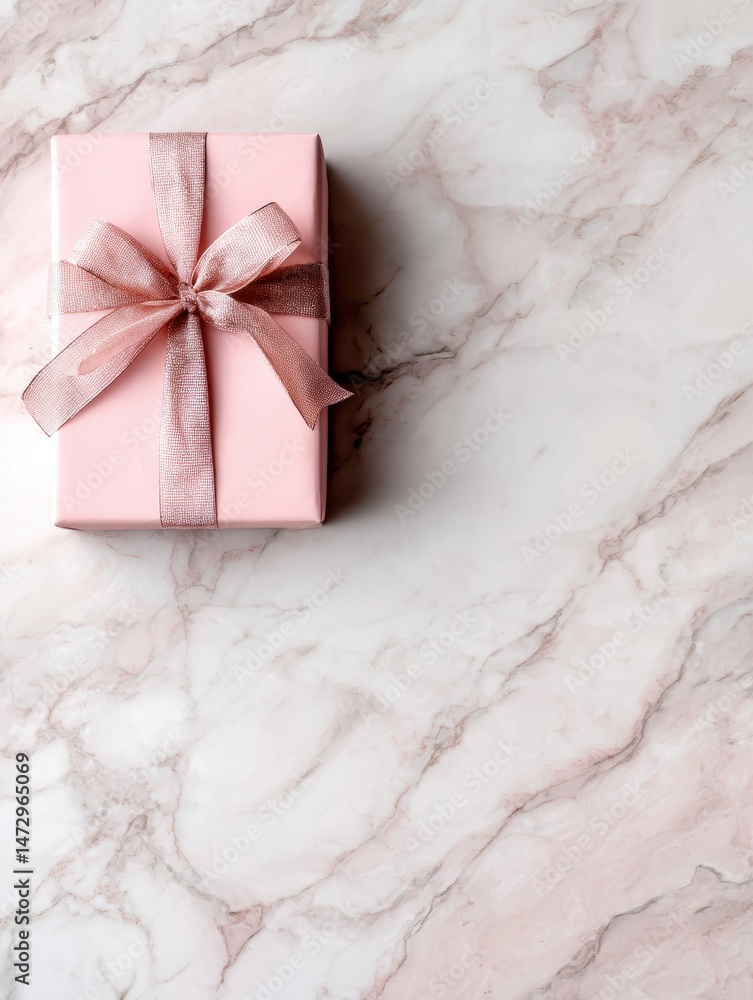 Poster pink gift box on a marble table with an open space for decorations or notes