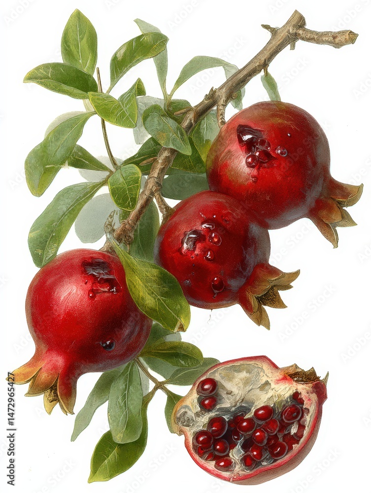 Poster a fruiting branch of socotran pomegranate showcasing its unique features and characteristics.