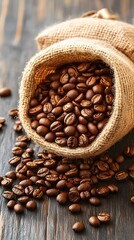 Fototapeta premium Roasted Coffee Beans in Burlap Sack on Wood