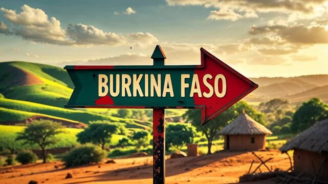 on the pole there is a direction arrow with the inscription Burkina Faso against the background of a picturesque summer landscape

