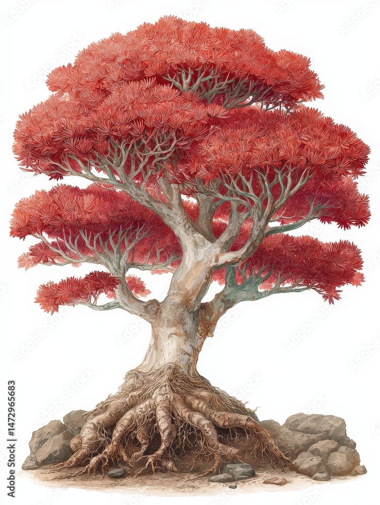 Poster realistic depiction of a dragon's blood tree with root and base structure in a detailed stock image 