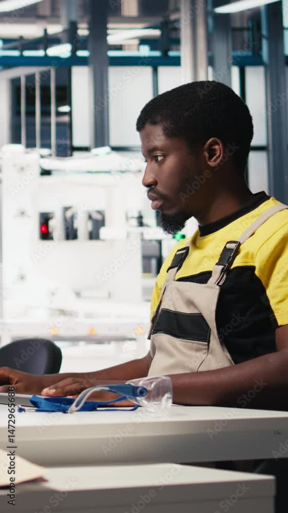 Poster vertical video black worker programming robotic assembly line in solar cell factory, working with hi