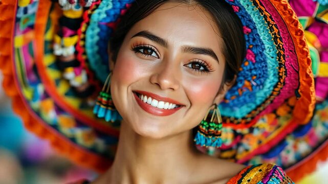 face portrait young pretty Mexican woman wearing big colorful hat, Cinco de Mayo, and Mexican celebration theme 