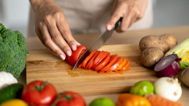 Close-Up of Woman&rsquo;s Hands Slicing Vegetables on Wooden Cutting Board for Healthy Meal Prep

