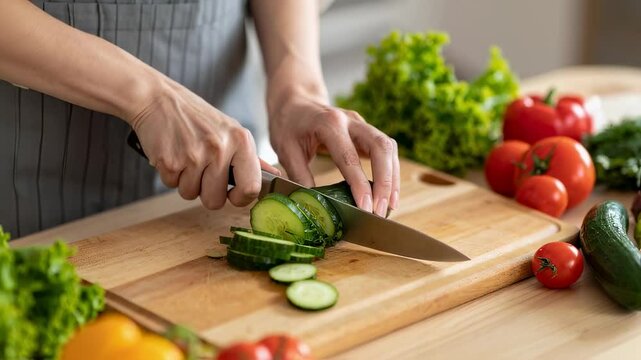 Close-Up of Woman&rsquo;s Hands Slicing Vegetables on Wooden Cutting Board for Healthy Meal Prep

