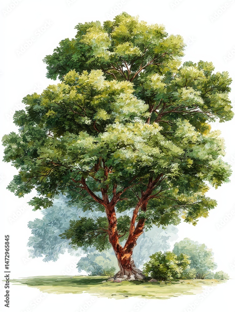 Poster a simplified environmental context image featuring a full tree in a realistic setting, ideal for nat