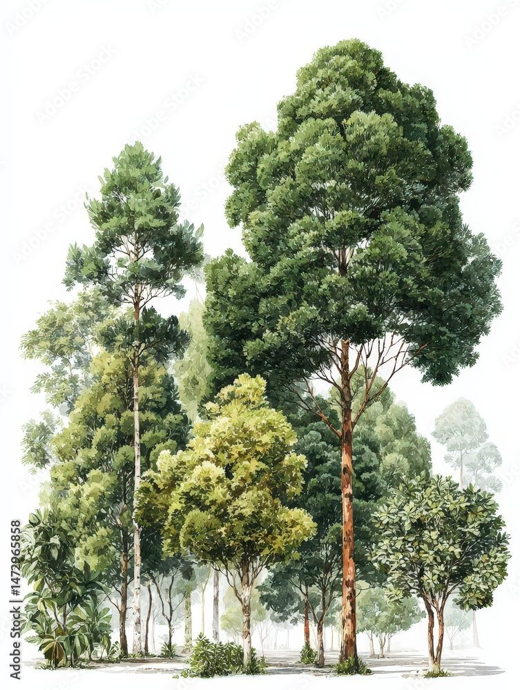 Poster a panoramic crop image featuring multiple realistic trees in a row, ideal for nature and botanical t