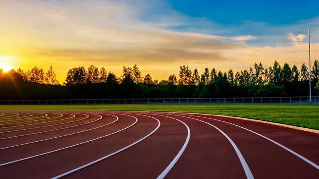 Track to Triumph: A scenic view of an outdoor running track bathed in the golden light of a sunset. Capturing a sense of dedication and the pursuit of excellence. 