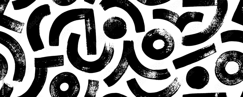 Poster Seamless geometric pattern with bold brush drawn curves, circles and arches. Hand drawn vector maze background with bold curved lines. Chaotic ink brush scribbles decorative texture. Messy doodles.
