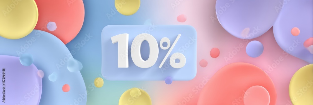 Poster bold discount percentage number on a clean pastel background featuring colorful abstract shapes