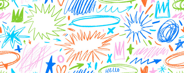 Colorful funky seamless pattern with burst speech bubbles. Crayon drawn comic style seamless banner design. Childish pencil drawings with various star shapes, creative messy doodles and scribbles.