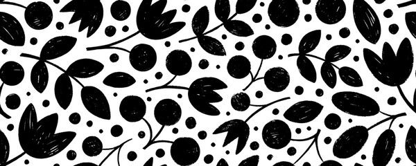 Fototapeta premium Crayon drawn naive flowers, branches with leaves and berries seamless pattern. Hand drawn decorative botanical motif. Abstract flower sketch, naive tribal art. Ethnic organic seamless pattern.