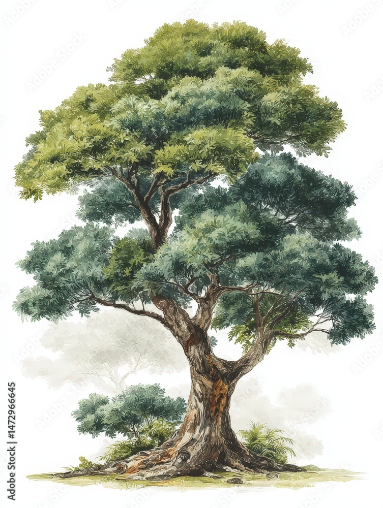 Poster side view of a large realistic tree highlighting its thick base in a detailed image.