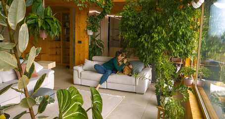 Moment of tenderness between the owner and her lovely shepherd dog, cuddling on a white couch. Young woman sits on a sofa with a dog in a modern living room, filled with thriving exotic plants.