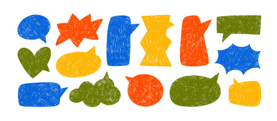Colorful crayon drawn funky speech bubble silhouettes. Hand drawn vector talk balloons in comic sketch style. Grunge pencil or chalk texture. Doodle dialog balloon elements collection.
