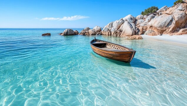 Tranquil beach scene with a wooden boat.  Crystal clear shallow water laps gently against a tranquil beach.  Large rocks border the shore