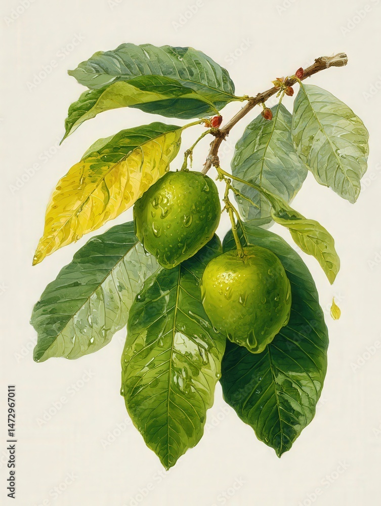 Poster side-by-side comparison of leaf types on branches, showcasing realistic botanical details in a visua