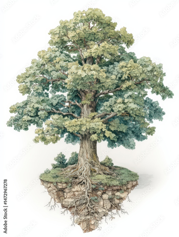 Poster isometric rendering of a complete tree and base root system, ideal for education and design projects