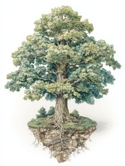 Isometric rendering of a complete tree and base root system, ideal for education and design projects.