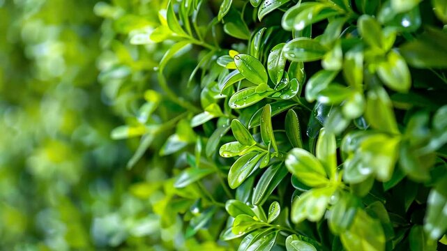 Fresh Greens' Touch: A close-up of vibrant boxwood leaves, displaying nature's lively palette. The texture and vivid detail creates a refreshing, natural ambience. 