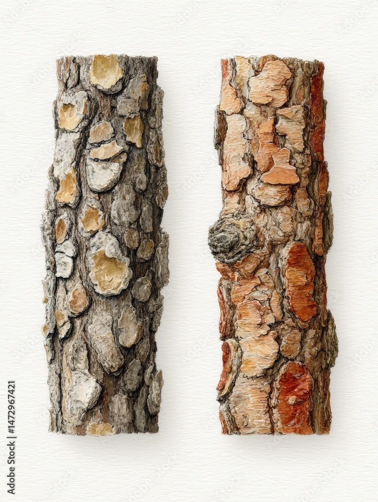 Poster a comparison image showcasing tapped and untapped bark areas for realistic botanical study.