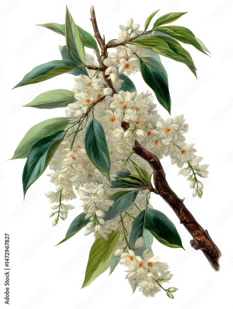 Poster this image features a side view of a plant with flower clusters and a slender trunk.