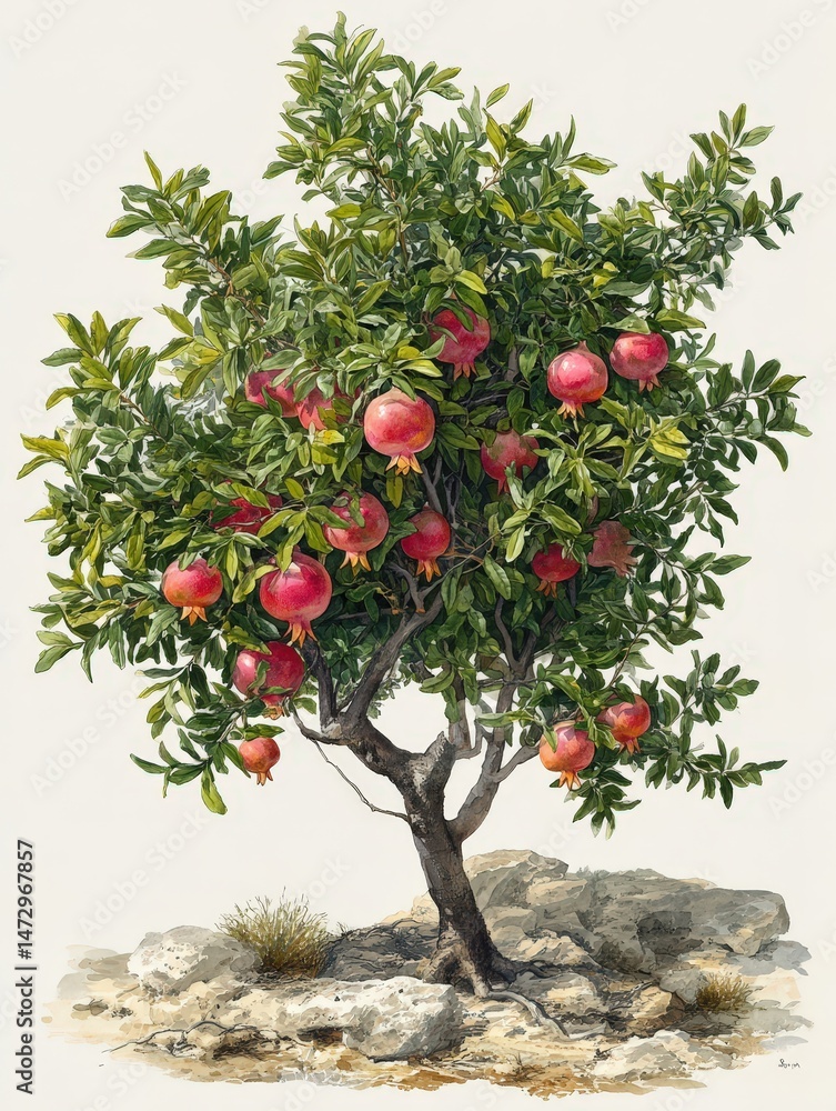 Poster a front view of a socotran pomegranate tree with small fruit, showcasing its unique features and nat