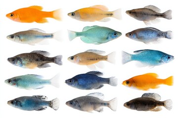 close up of various beautiful fish in a collection with multiple angles and perspectives on a white background with space for text.