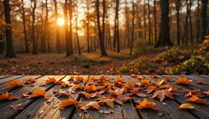 Obraz premium Autumn Forest Leaves on Wooden Deck