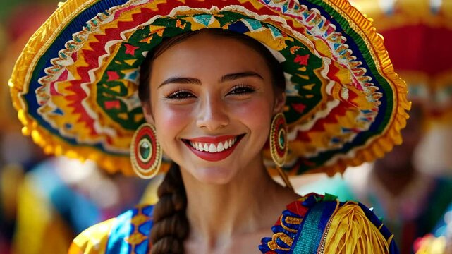 face portrait young pretty Mexican woman wearing big colorful hat, Cinco de Mayo, and Mexican celebration theme 