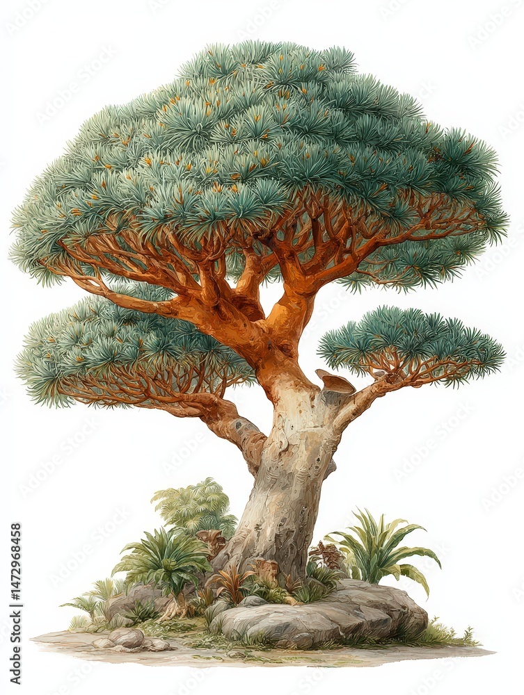 Poster canopy overview of the unique dragon's blood tree, showcasing its distinct features and habitat in a